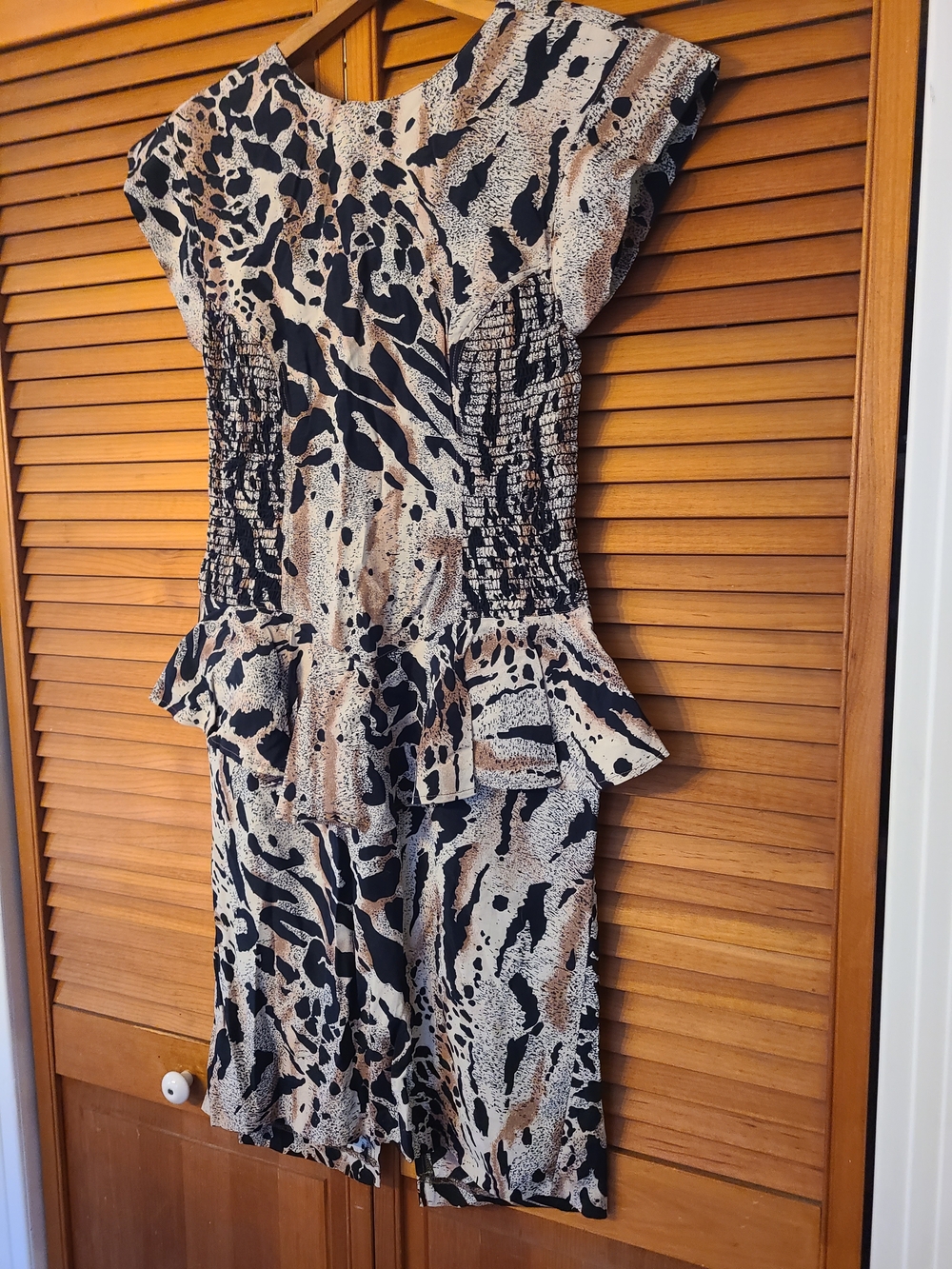 Hand Sewn Women’s Beige and Black Animal Print Peplum Dress